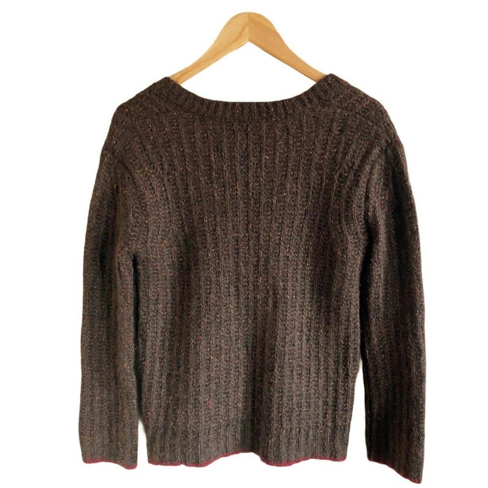 LA LIGNE Brown Sweater Fuzzy Wuzzy Pullover V-Neck Alpaca Cotton Wool Red Trim S - Picture 3 of 12